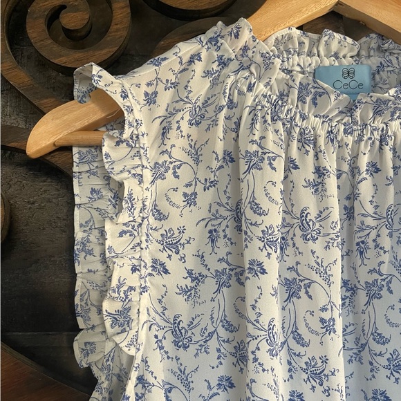 Floral Blouse L Ruffle Peasant Swing Top Cottagecore Sleeveless Tunic - Picture 7 of 16